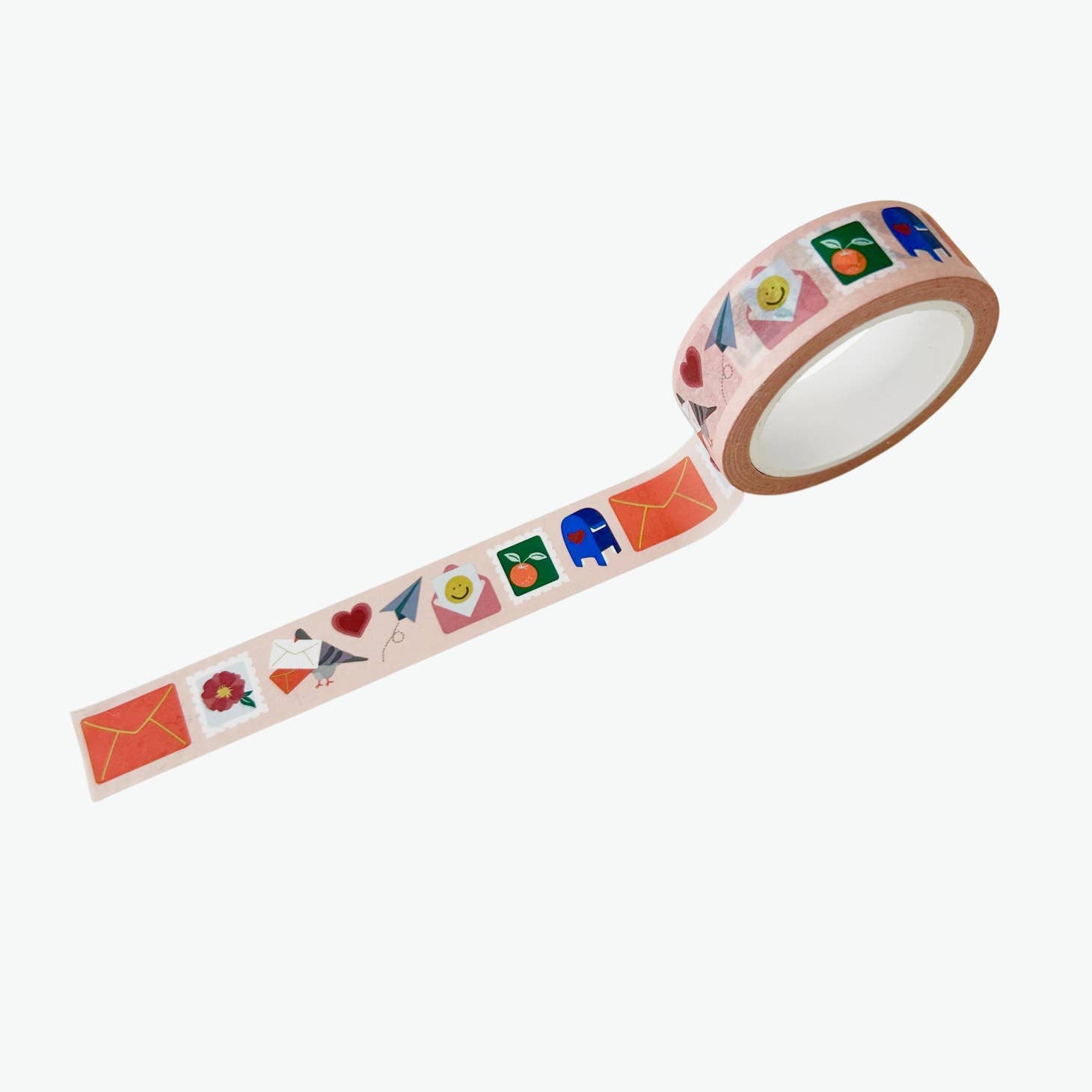 Pink decorative tape with images of blue mailbox, red mailing envelopes, paper airplanes, flower postage stamp, and pigeon holding an envelope. 