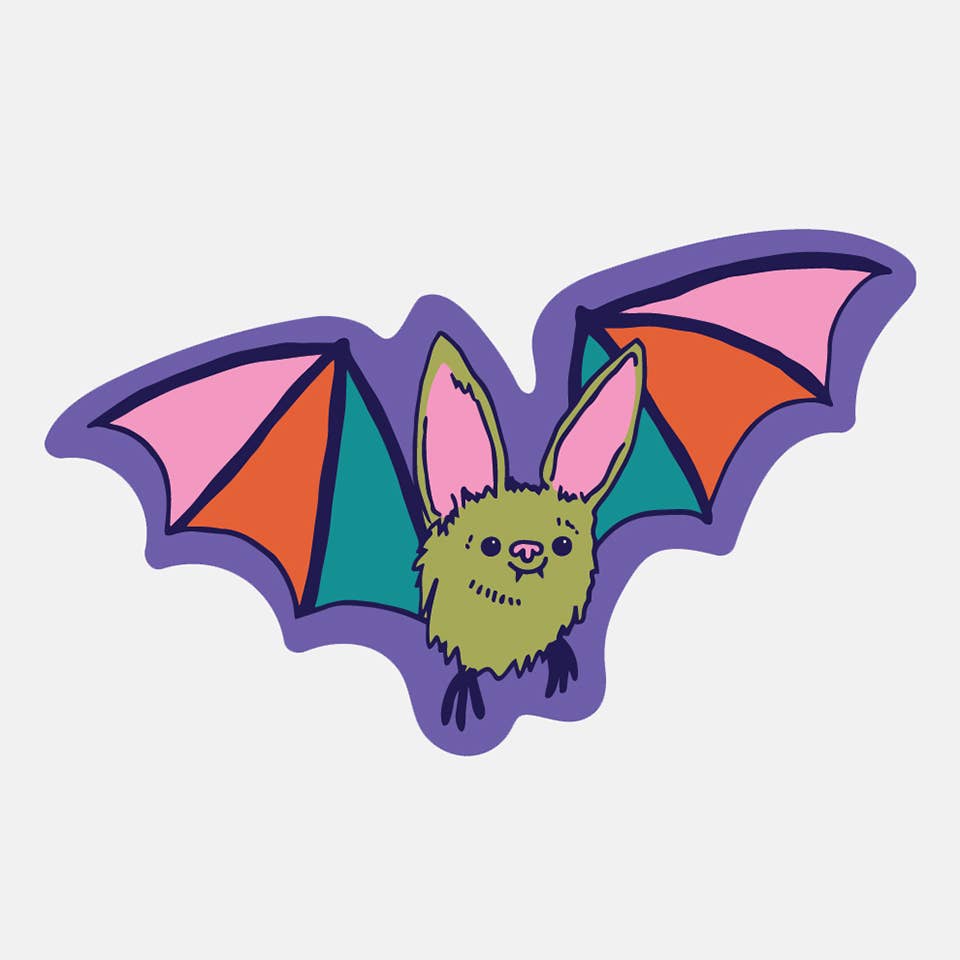 Purple background with image of bat with green body and pink ears and nose with wings in sections colored in pink, orange and teal.  