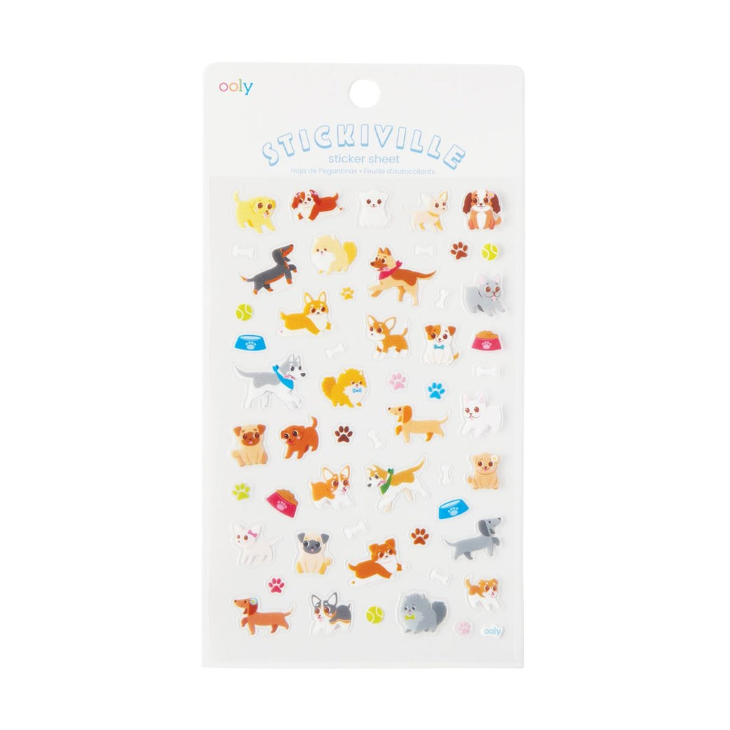 Image of sticker sheet with white background and images of puppies, dog bowls, and paw prints. 