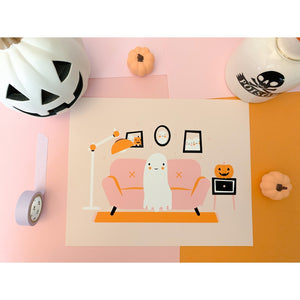Peach background with image of a white ghost sitting on a pink couch with orange detailing. Images of framed prints of ghost family members.            