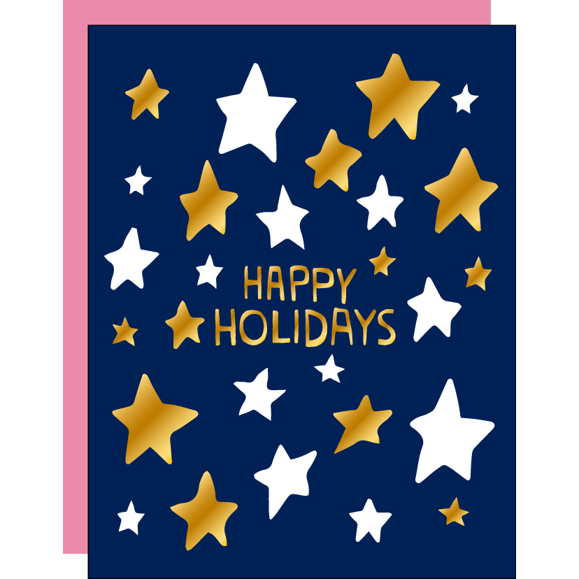 Blue background with gold and white stars with gold text says, “Happy Holidays”. A pink envelope is included. 