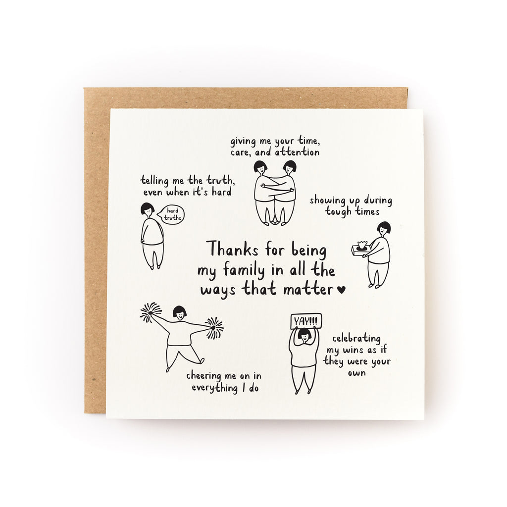 Square white card with black text saying, "Thanks For Being My Family In All The Ways That Matter". Images of caring people doing things that matter. A brown envelope is included.