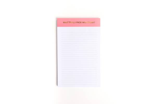 Image of a notepad with white lined paper and pink binding with gold foil text says, “What Shall I Fuck With Today”. 