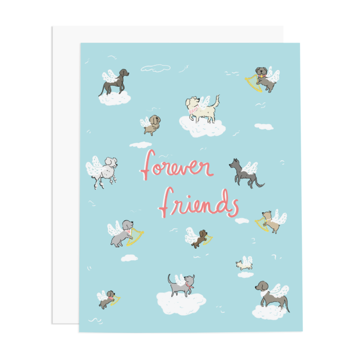 Blue card with red text saying, “Forever Friends”. Images of dogs and cats with angel wings floating on white clouds. A white envelope is included.