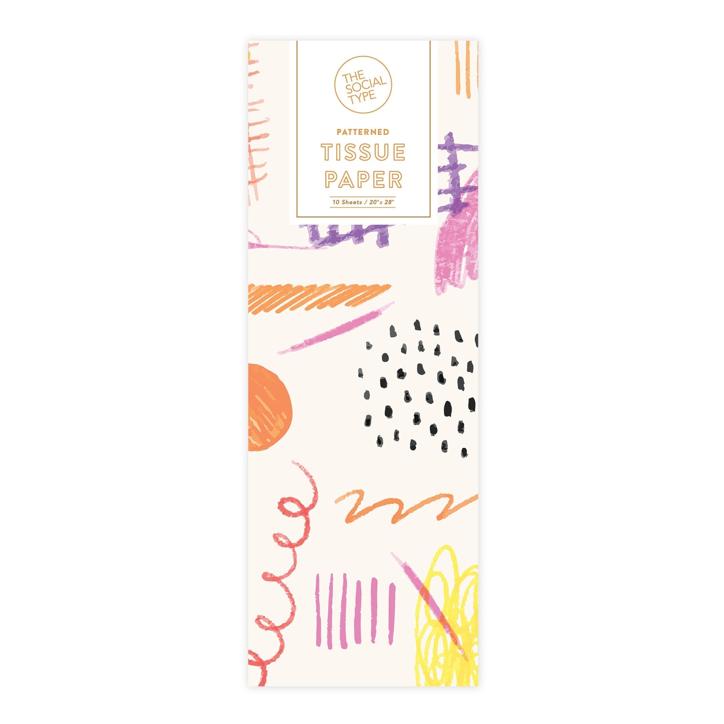 Image of package of tissue paper with white background and sketchy doodle pattern in black, yellow, pink and orange. 