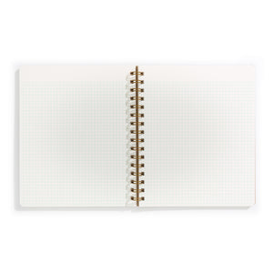 Image of opened notebook with ivory background and  light blue graph lines. 