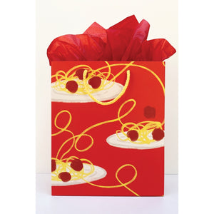 Red gift bag with images of plates of spaghetti and meatballs with yellow rope handle. 