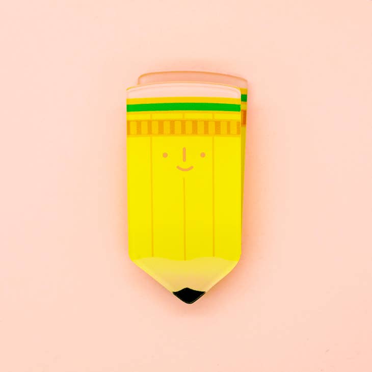 Image of a yellow pencil with facial features in dark yellow with green stripe, pink eraser and  black point.  