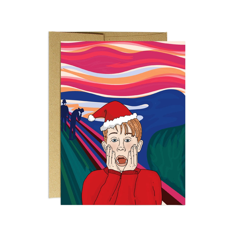 Card with image of a bridge with blue water below and pink sky above with character, Kevin McAllister from the movie Home Alone, making his iconic screaming face. A brown envelope is included.