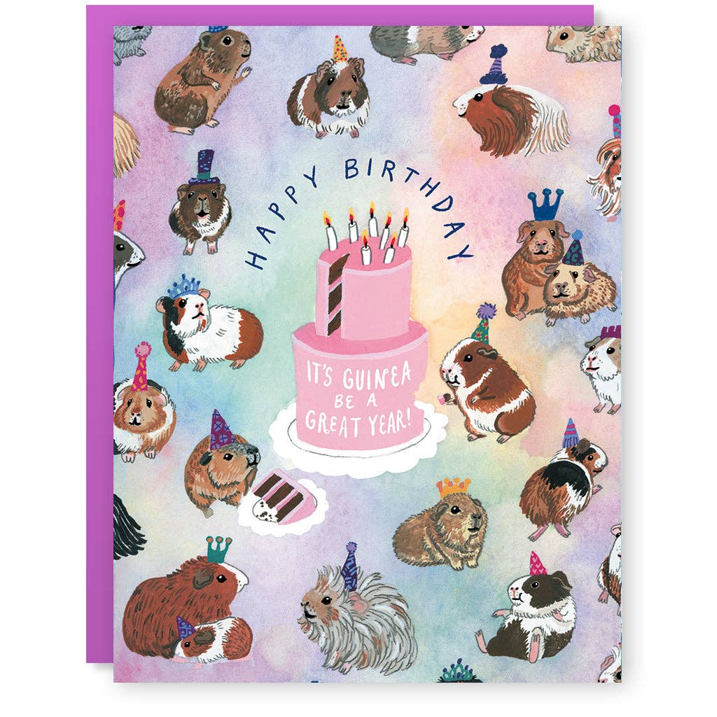 Multicolored card with white text saying, "It's Guinea Be A Great Year!". Images of guinea pigs wearing party hats and a pink birthday cake in center. A purple envelope is included.