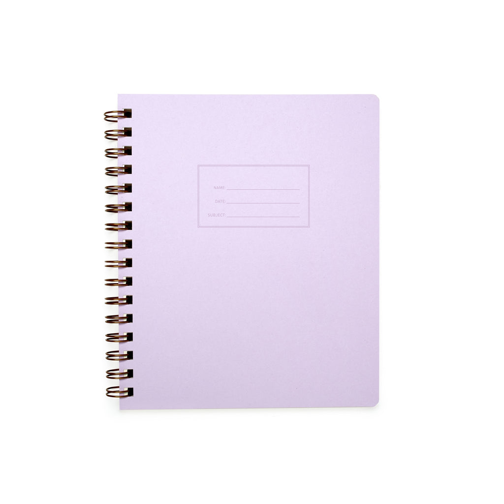 Image lilac cover with letter pressed text says, “Name” and “Date” with lines for writing. Coiled binding on left side.