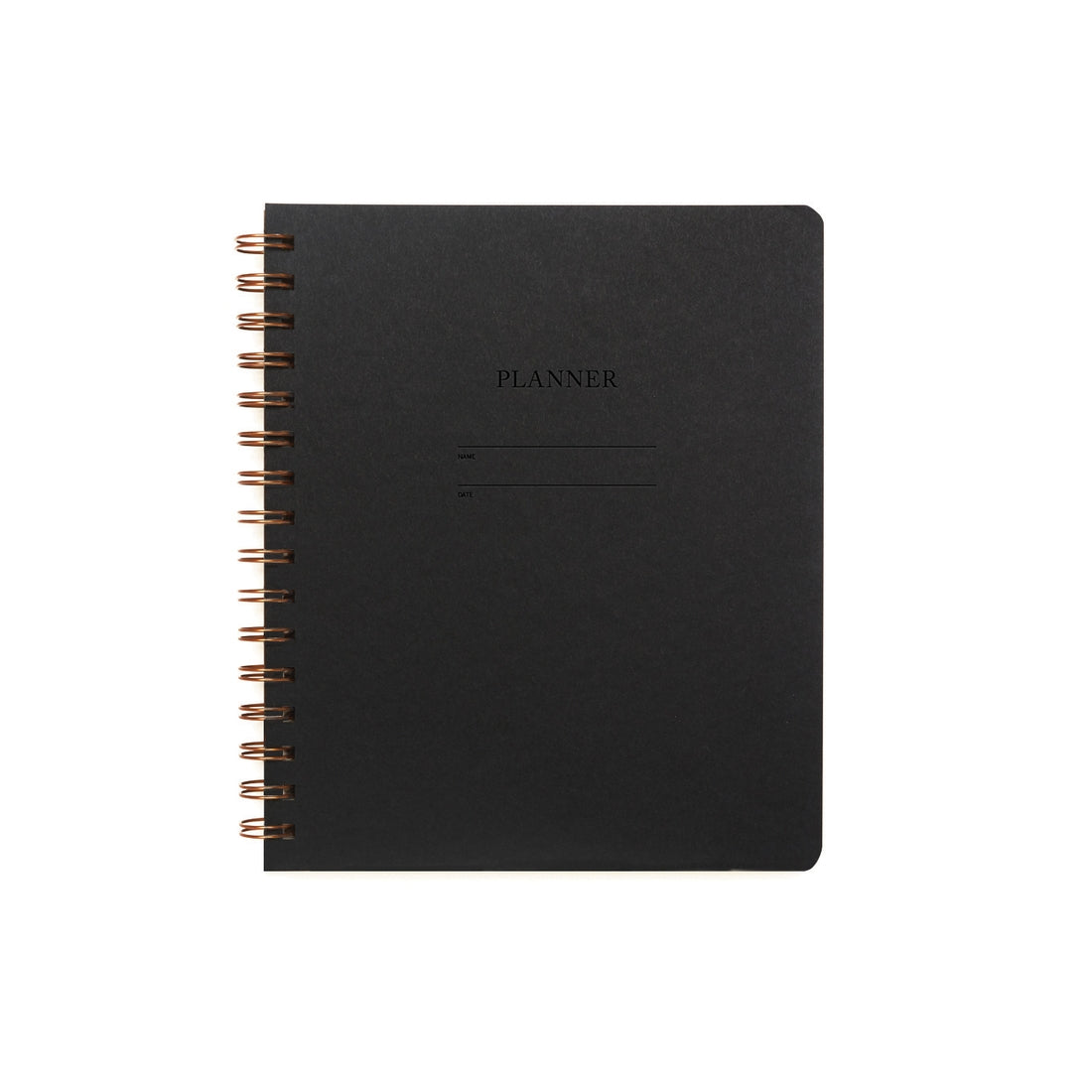 Image of black cover with letter pressed text says, “Planner”. “Name” and “Date” with lines for writing. Coiled binding on left side.