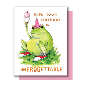 White card with brown text saying, “Hope Your Birthday is UnFROGettable”. Image of a large green frog in center of card with a pink flower on its head and holding an ice cream cone. A purple envelope is included.