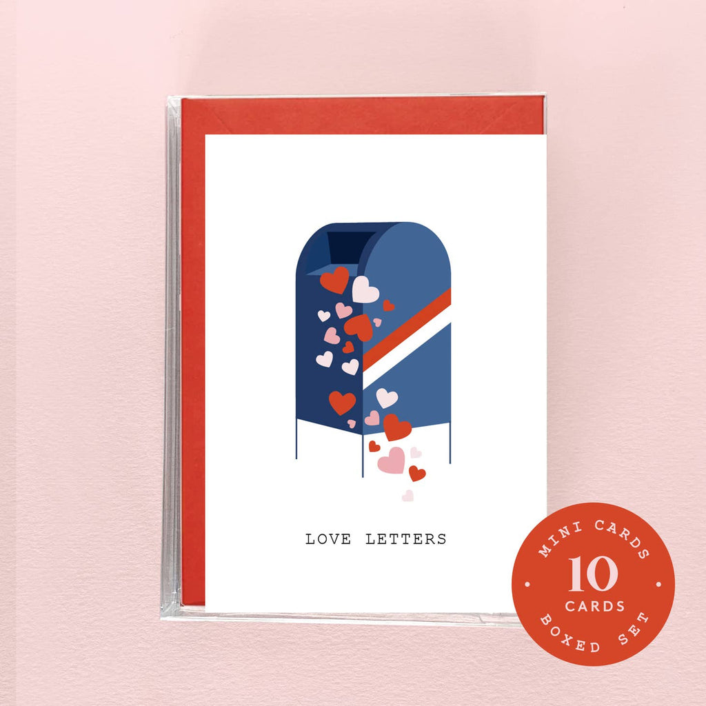 White background with image of blue USPS mailbox with red and pink hearts. Black text says, "Love letters". Red envelope included. 