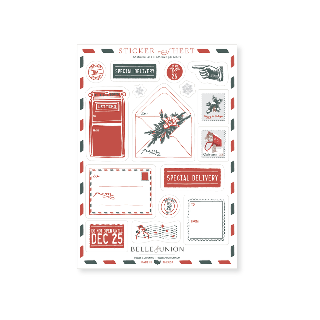 Image of sticker sheet with individual images of an old fashioned red mail box with white text says, “Letters”, an envelope with pine sprigs and red flower, a blue banner with white text says, “Special delivery”, a red rectangle with white text says, “Do not open until Dec 25”, a white envelope with a red and blue border with red text says, “to” and “from”.        