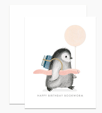 Ivory card with gray text saying, "Happy Birthday Bookworm". Images of a penquin earing a backpack carrying a pink worm and a pink balloon. An ivory envelope is included.