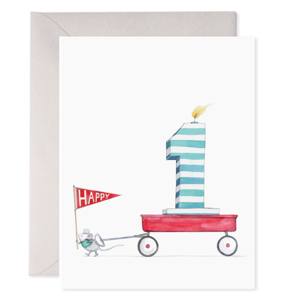 White card with image of a number one birthday candle sitting in a red wagon being pulled by a mouse holding a red flag saying, “Happy”. A purple envelope is included.