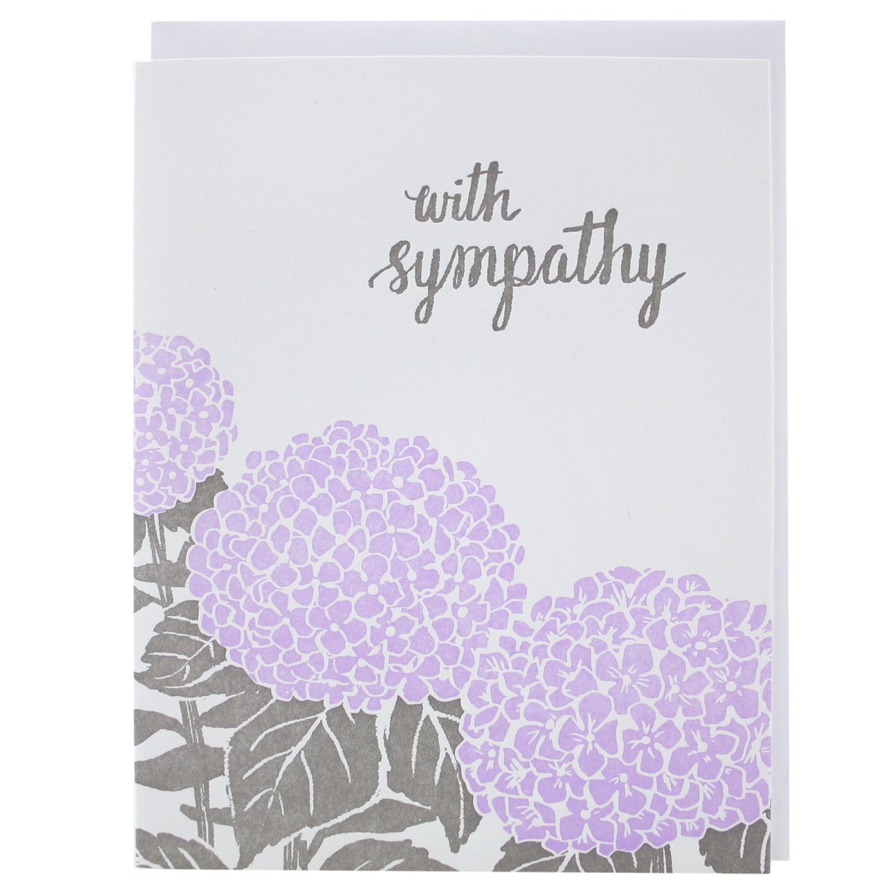 Light purple card with gray text saying, “With Sympathy”. Images of purple hydrangeas with gray leaves. A light purple envelope is included.