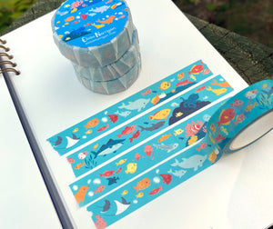 Decorative tape with blue background with images of ocean animals.