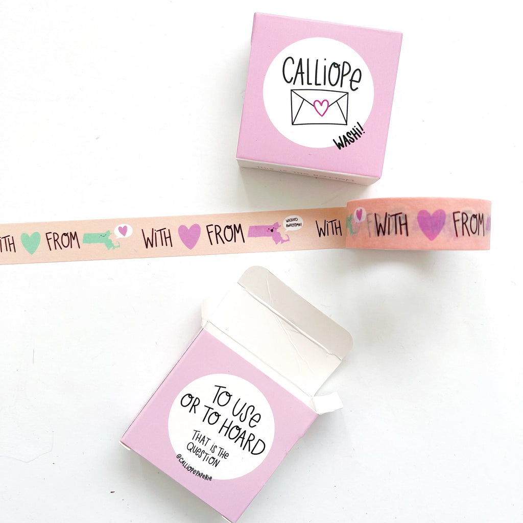 Image of washi tape with peach background with image of mint green state of Massachusetts and black text says, "With" image of pink heart and "from" with pink image of state of Massachusetts with word bubble with black text says, "Wicked awesome". 