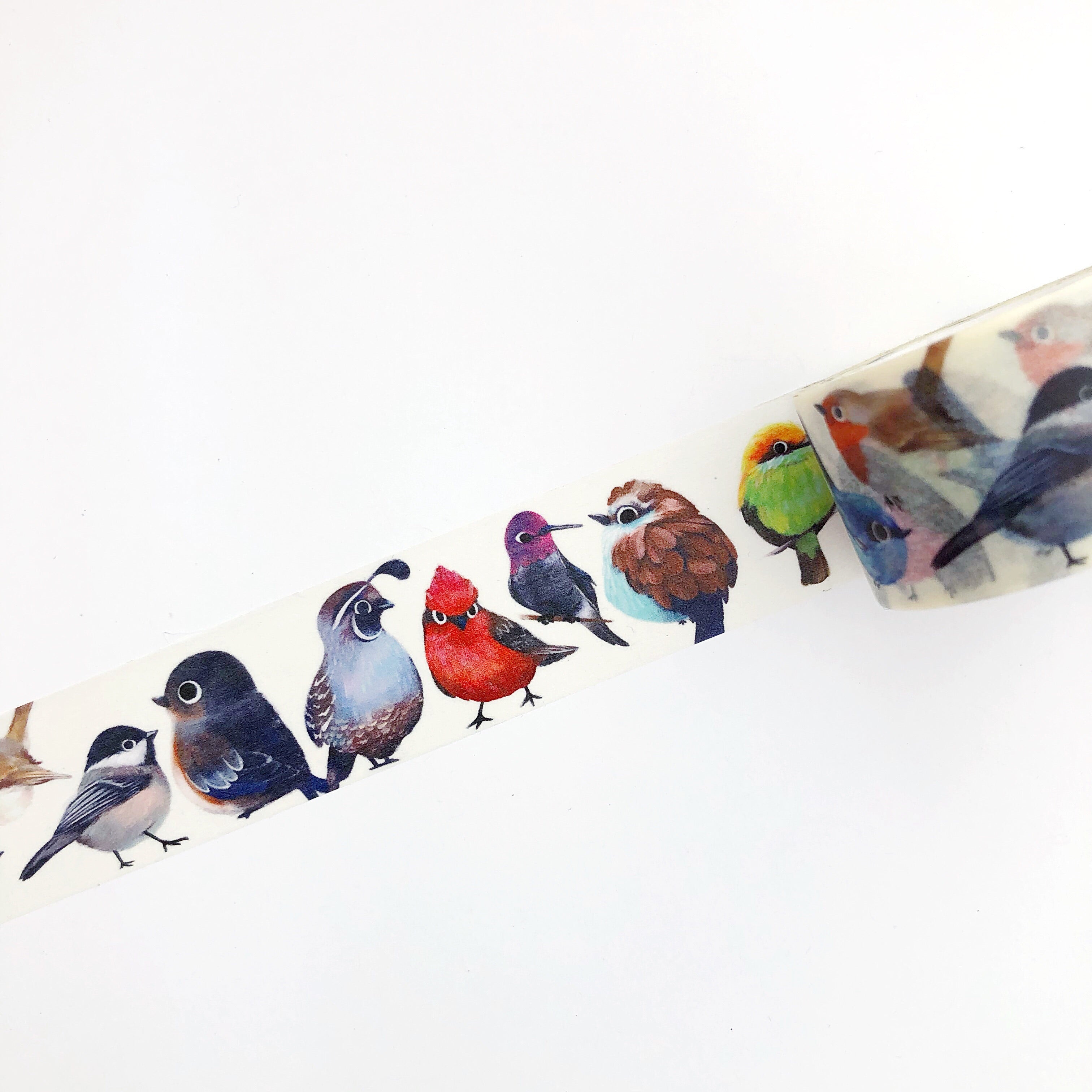 Ivory tape with various birds in a repeating pattern. Birds include a red cardinal, quail, blue bird, and a woodpecker.