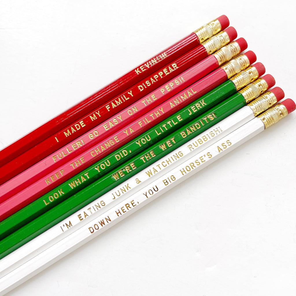 Image of pencils with text says, "Kevin!!!!  I made my family disappear Look what you did, you little jerk  We're the wet bandits!  Keep the change ya filthy animal  Fuller! Go easy on the Pepsi!  I’m eating junk and watching rubbish!  Down here, you big horse’s ass".